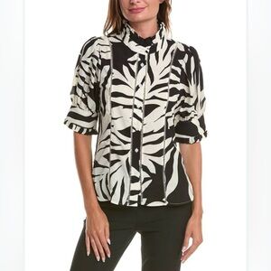 Gracia Women’s Ladder Black & White Ladder‎ Stitch Ruffle High Neck Blouse Sz L